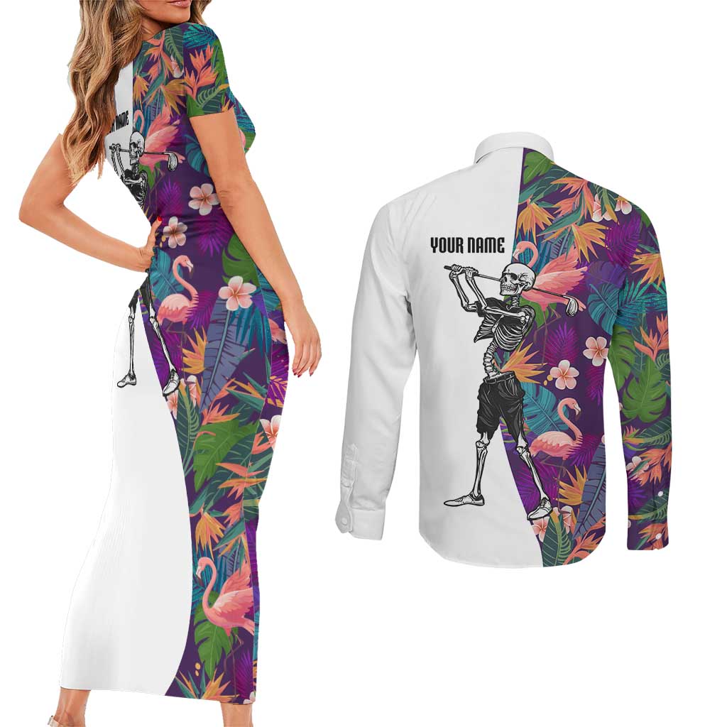 Custom Skeleton Golfer Couples Matching Short Sleeve Bodycon Dress and Long Sleeve Button Shirt with Tropical Flamingo Leaves Pattern and Colorful Floral Background - Wonder Print Shop