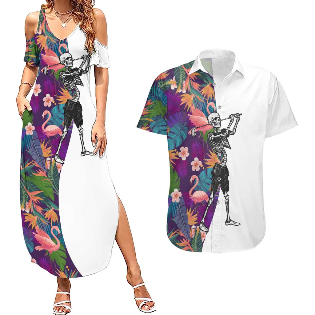 Custom Skeleton Golfer Couples Matching Summer Maxi Dress and Hawaiian Shirt with Tropical Flamingo Leaves Pattern and Colorful Floral Background - Wonder Print Shop