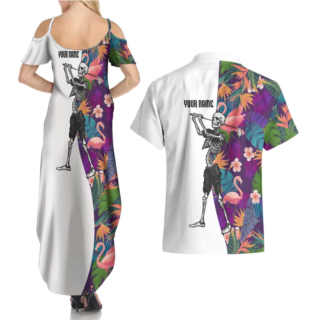 Custom Skeleton Golfer Couples Matching Summer Maxi Dress and Hawaiian Shirt with Tropical Flamingo Leaves Pattern and Colorful Floral Background - Wonder Print Shop