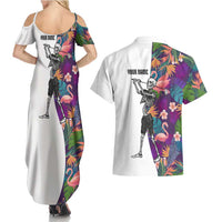 Custom Skeleton Golfer Couples Matching Summer Maxi Dress and Hawaiian Shirt with Tropical Flamingo Leaves Pattern and Colorful Floral Background - Wonder Print Shop