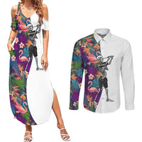 Custom Skeleton Golfer Couples Matching Summer Maxi Dress and Long Sleeve Button Shirt with Tropical Flamingo Leaves Pattern and Colorful Floral Background - Wonder Print Shop