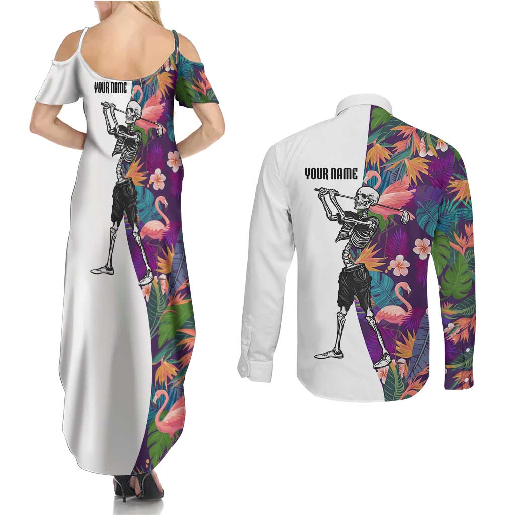 Custom Skeleton Golfer Couples Matching Summer Maxi Dress and Long Sleeve Button Shirt with Tropical Flamingo Leaves Pattern and Colorful Floral Background - Wonder Print Shop