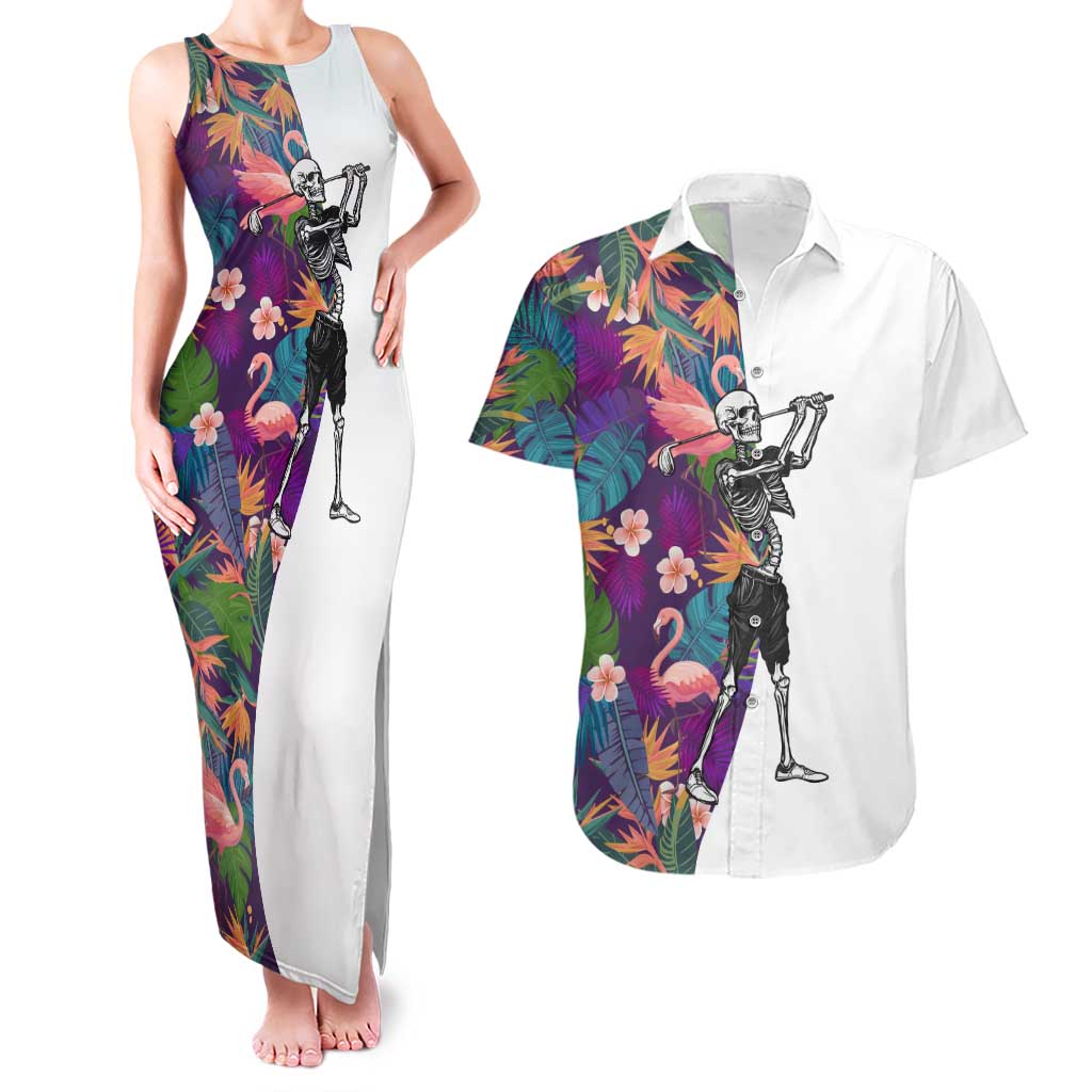 Custom Skeleton Golfer Couples Matching Tank Maxi Dress and Hawaiian Shirt with Tropical Flamingo Leaves Pattern and Colorful Floral Background - Wonder Print Shop