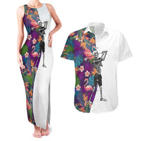Custom Skeleton Golfer Couples Matching Tank Maxi Dress and Hawaiian Shirt with Tropical Flamingo Leaves Pattern and Colorful Floral Background - Wonder Print Shop
