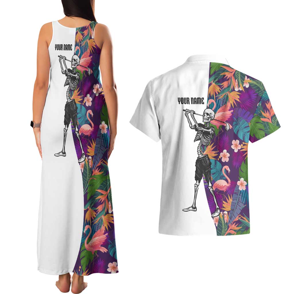 Custom Skeleton Golfer Couples Matching Tank Maxi Dress and Hawaiian Shirt with Tropical Flamingo Leaves Pattern and Colorful Floral Background - Wonder Print Shop