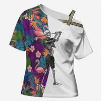 Custom Skeleton Golfer Cross Shoulder Shirt with Tropical Flamingo Leaves Pattern and Colorful Floral Background - Wonder Print Shop