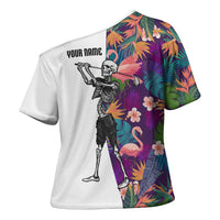 Custom Skeleton Golfer Cross Shoulder Shirt with Tropical Flamingo Leaves Pattern and Colorful Floral Background - Wonder Print Shop