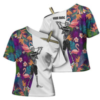 Custom Skeleton Golfer Cross Shoulder Shirt with Tropical Flamingo Leaves Pattern and Colorful Floral Background - Wonder Print Shop