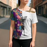 Custom Skeleton Golfer Cross Shoulder Shirt with Tropical Flamingo Leaves Pattern and Colorful Floral Background - Wonder Print Shop
