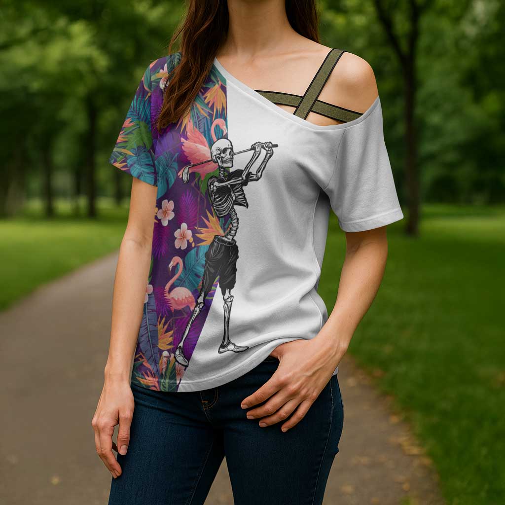 Custom Skeleton Golfer Cross Shoulder Shirt with Tropical Flamingo Leaves Pattern and Colorful Floral Background - Wonder Print Shop