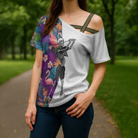 Custom Skeleton Golfer Cross Shoulder Shirt with Tropical Flamingo Leaves Pattern and Colorful Floral Background - Wonder Print Shop