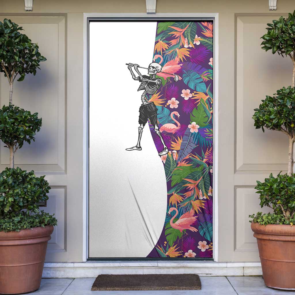 Skeleton Golfer Door Cover with Tropical Flamingo Leaves Pattern and Colorful Floral Background - Wonder Print Shop