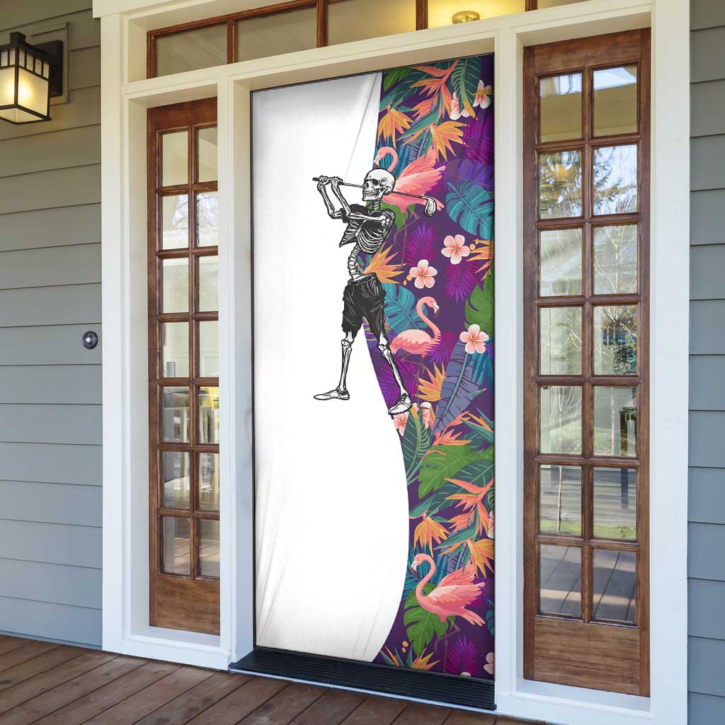 Skeleton Golfer Door Cover with Tropical Flamingo Leaves Pattern and Colorful Floral Background - Wonder Print Shop
