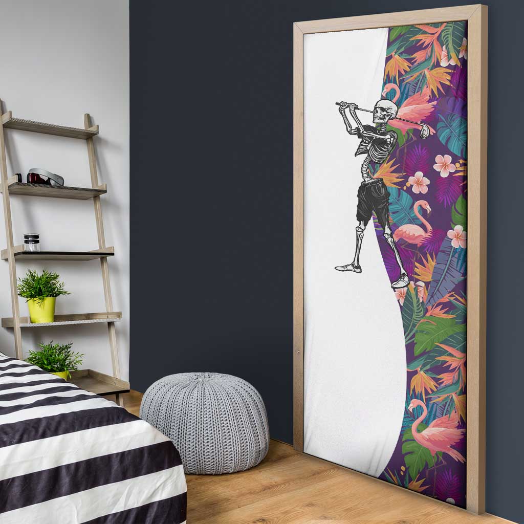Skeleton Golfer Door Cover with Tropical Flamingo Leaves Pattern and Colorful Floral Background - Wonder Print Shop