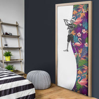 Skeleton Golfer Door Cover with Tropical Flamingo Leaves Pattern and Colorful Floral Background - Wonder Print Shop