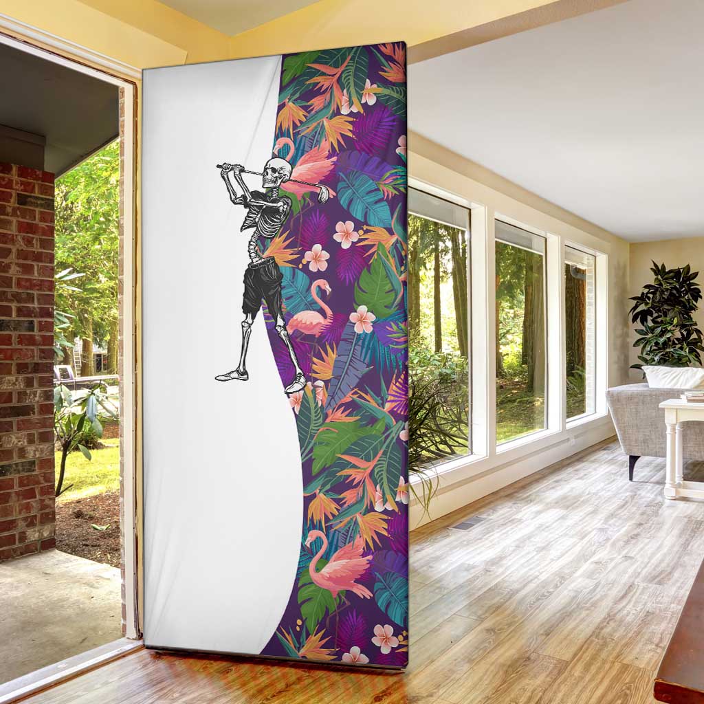 Skeleton Golfer Door Cover with Tropical Flamingo Leaves Pattern and Colorful Floral Background - Wonder Print Shop