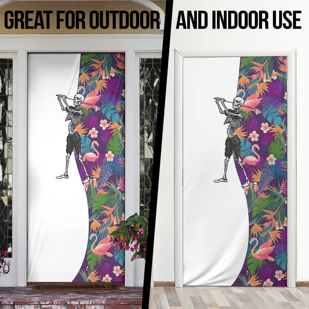 Skeleton Golfer Door Cover with Tropical Flamingo Leaves Pattern and Colorful Floral Background - Wonder Print Shop