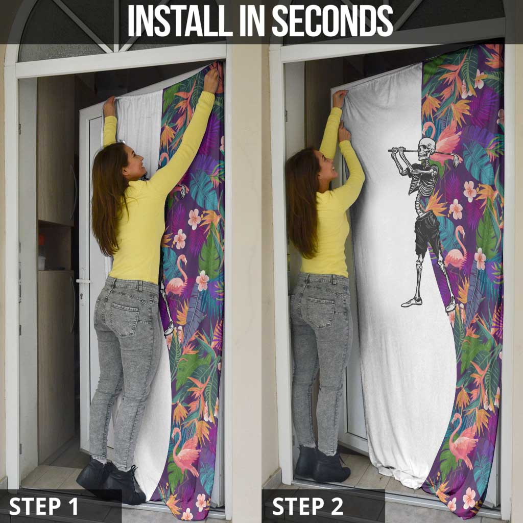 Skeleton Golfer Door Cover with Tropical Flamingo Leaves Pattern and Colorful Floral Background - Wonder Print Shop