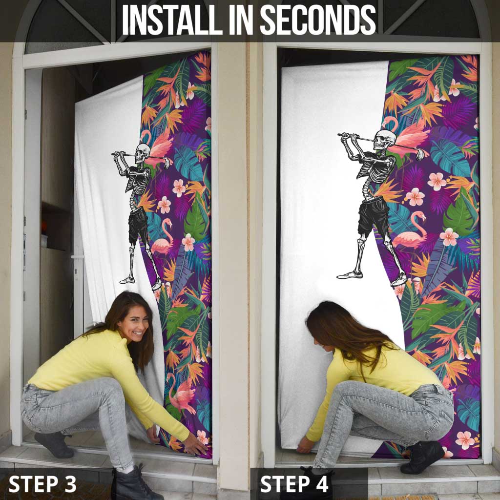 Skeleton Golfer Door Cover with Tropical Flamingo Leaves Pattern and Colorful Floral Background - Wonder Print Shop