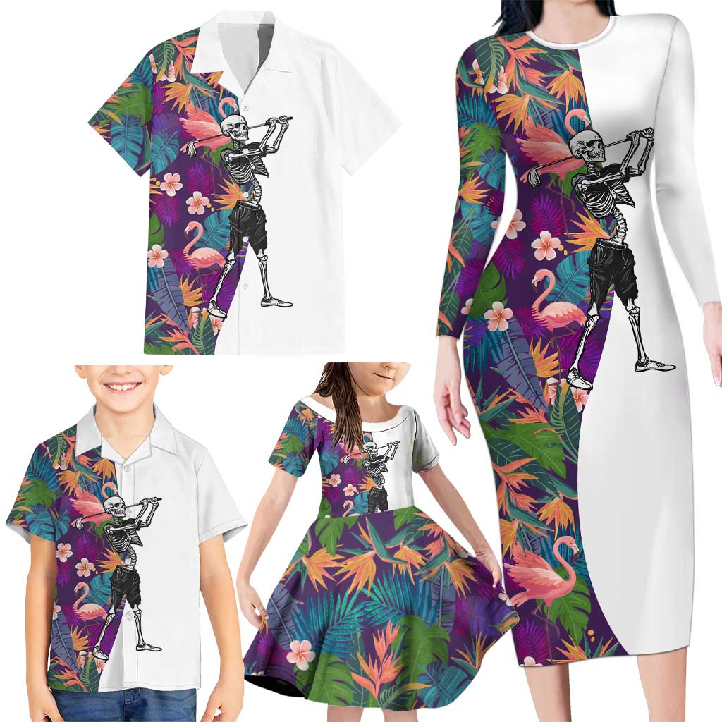Custom Skeleton Golfer Family Matching Long Sleeve Bodycon Dress and Hawaiian Shirt with Tropical Flamingo Leaves Pattern and Colorful Floral Background - Wonder Print Shop