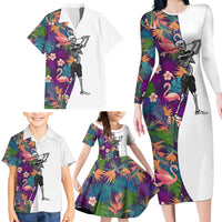 Custom Skeleton Golfer Family Matching Long Sleeve Bodycon Dress and Hawaiian Shirt with Tropical Flamingo Leaves Pattern and Colorful Floral Background - Wonder Print Shop