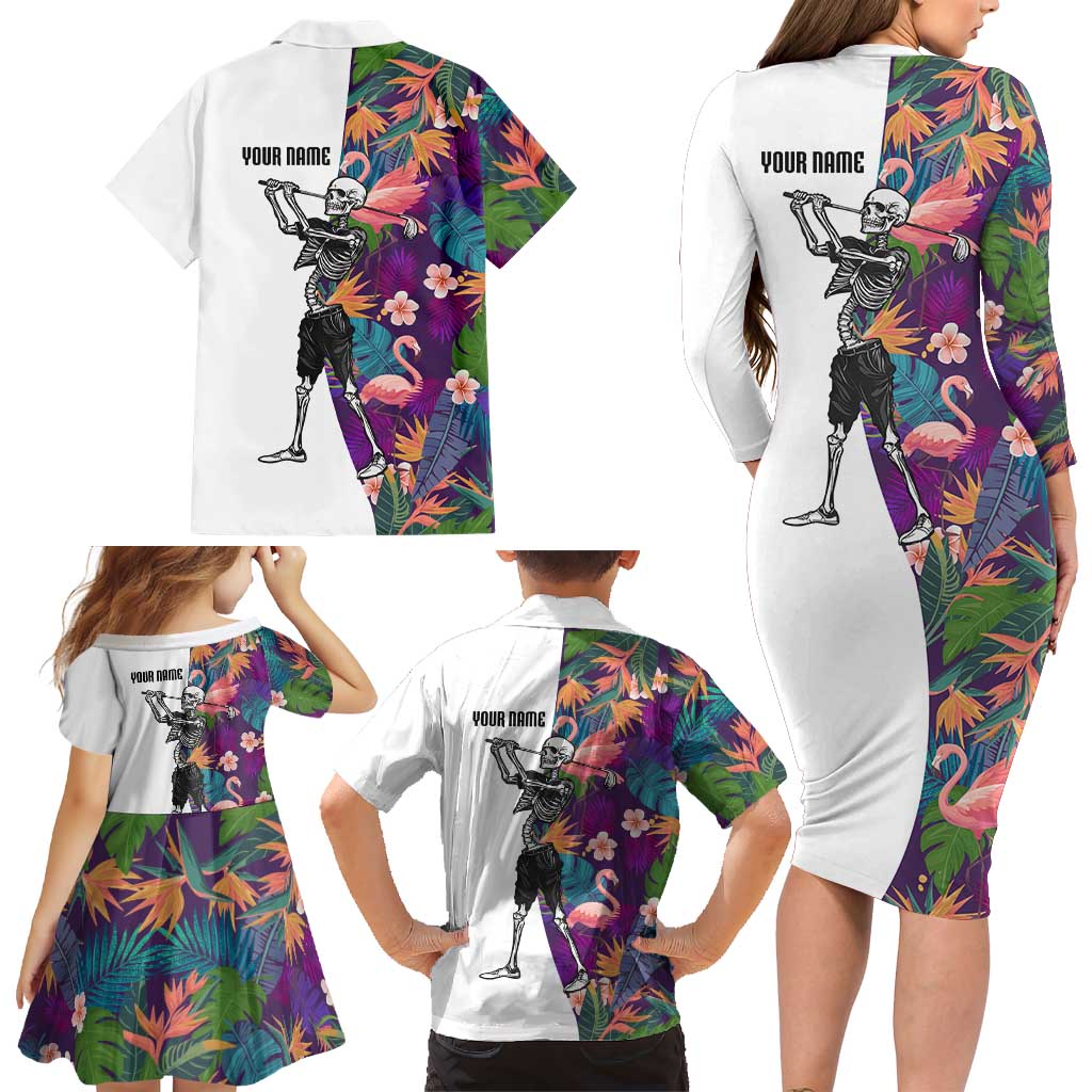 Custom Skeleton Golfer Family Matching Long Sleeve Bodycon Dress and Hawaiian Shirt with Tropical Flamingo Leaves Pattern and Colorful Floral Background - Wonder Print Shop