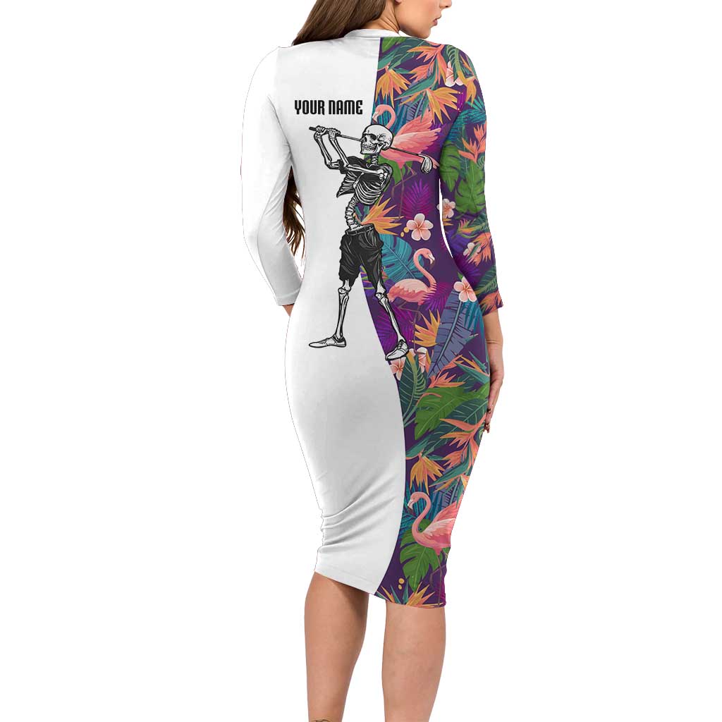 Custom Skeleton Golfer Family Matching Long Sleeve Bodycon Dress and Hawaiian Shirt with Tropical Flamingo Leaves Pattern and Colorful Floral Background - Wonder Print Shop