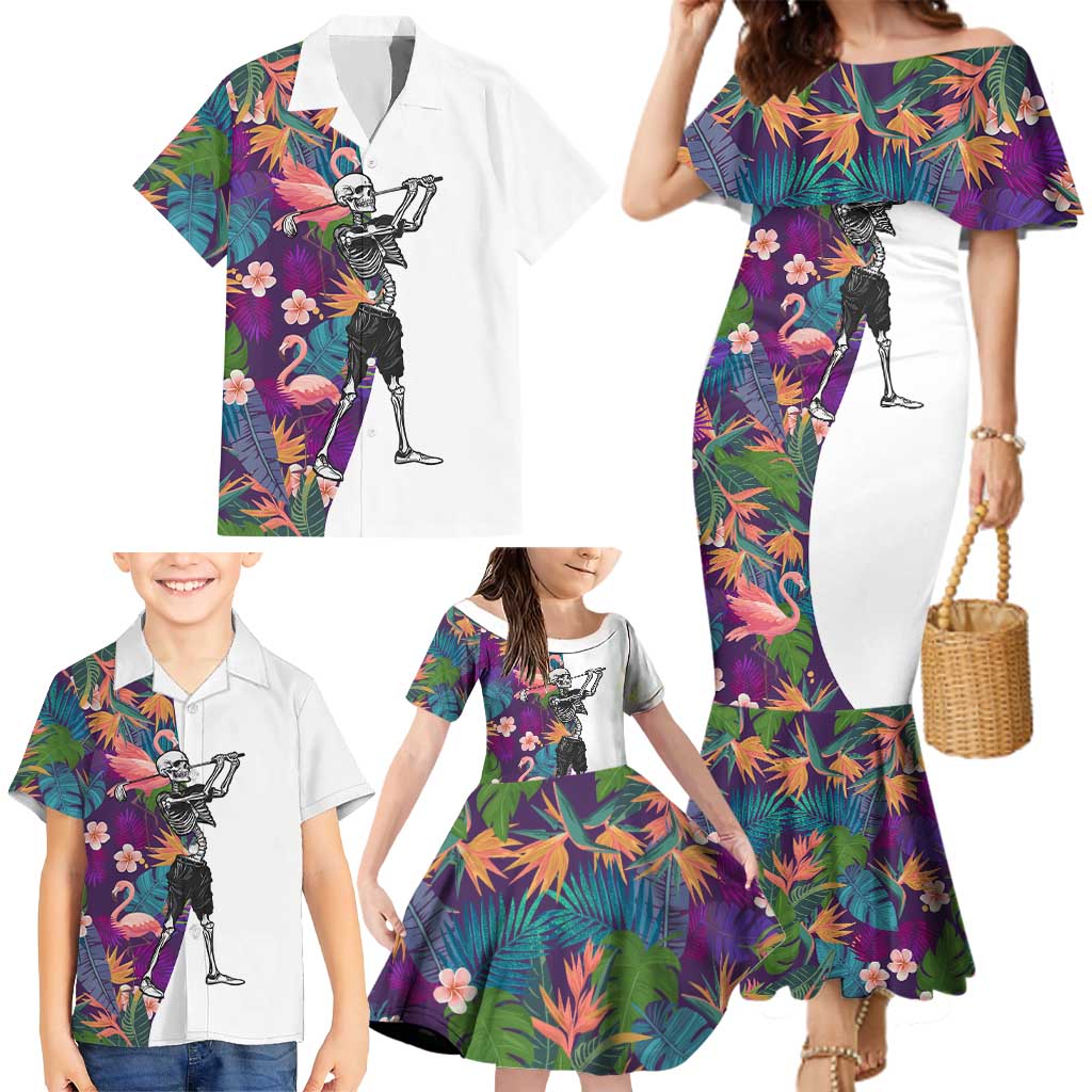 Custom Skeleton Golfer Family Matching Mermaid Dress and Hawaiian Shirt with Tropical Flamingo Leaves Pattern and Colorful Floral Background - Wonder Print Shop