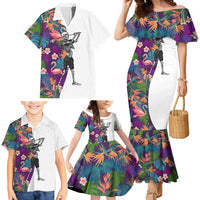 Custom Skeleton Golfer Family Matching Mermaid Dress and Hawaiian Shirt with Tropical Flamingo Leaves Pattern and Colorful Floral Background - Wonder Print Shop