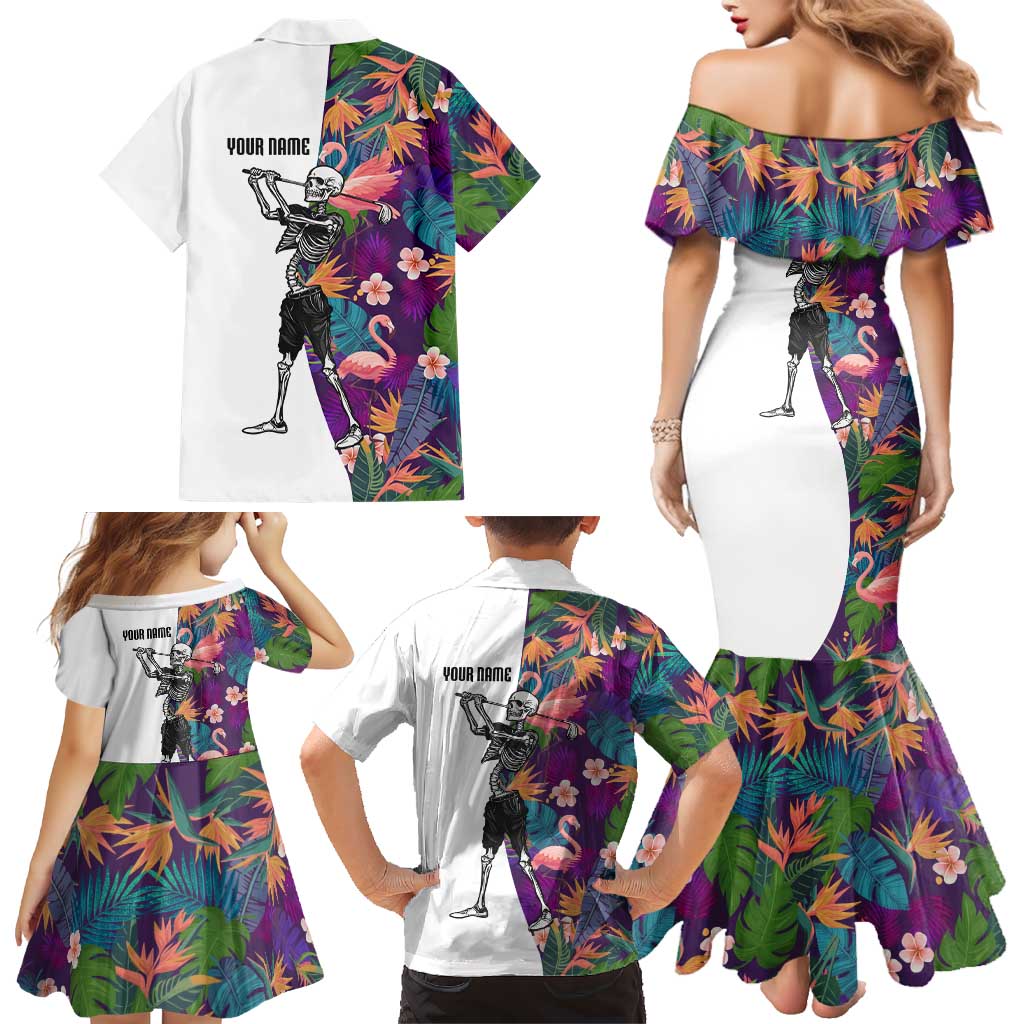 Custom Skeleton Golfer Family Matching Mermaid Dress and Hawaiian Shirt with Tropical Flamingo Leaves Pattern and Colorful Floral Background - Wonder Print Shop