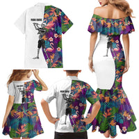 Custom Skeleton Golfer Family Matching Mermaid Dress and Hawaiian Shirt with Tropical Flamingo Leaves Pattern and Colorful Floral Background - Wonder Print Shop