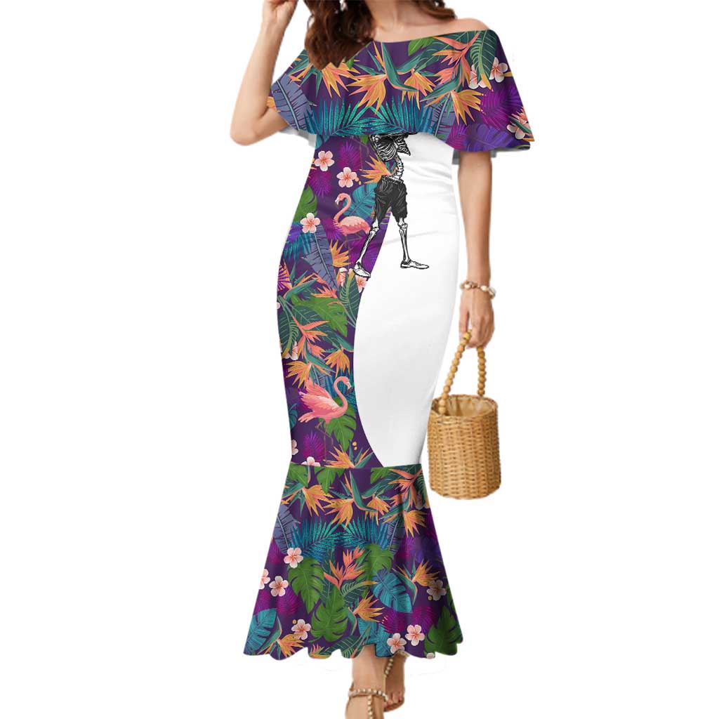 Custom Skeleton Golfer Family Matching Mermaid Dress and Hawaiian Shirt with Tropical Flamingo Leaves Pattern and Colorful Floral Background - Wonder Print Shop