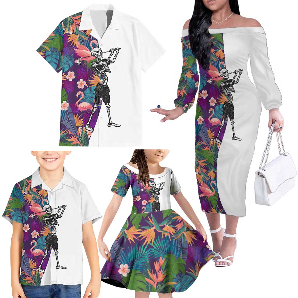 Custom Skeleton Golfer Family Matching Off The Shoulder Long Sleeve Dress and Hawaiian Shirt with Tropical Flamingo Leaves Pattern and Colorful Floral Background - Wonder Print Shop