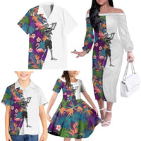 Custom Skeleton Golfer Family Matching Off The Shoulder Long Sleeve Dress and Hawaiian Shirt with Tropical Flamingo Leaves Pattern and Colorful Floral Background - Wonder Print Shop