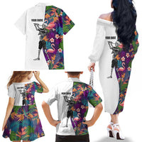 Custom Skeleton Golfer Family Matching Off The Shoulder Long Sleeve Dress and Hawaiian Shirt with Tropical Flamingo Leaves Pattern and Colorful Floral Background - Wonder Print Shop