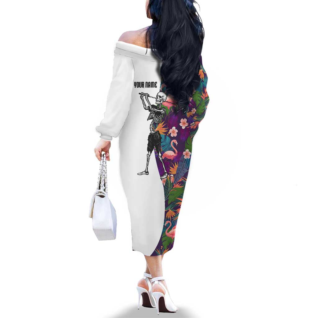 Custom Skeleton Golfer Family Matching Off The Shoulder Long Sleeve Dress and Hawaiian Shirt with Tropical Flamingo Leaves Pattern and Colorful Floral Background - Wonder Print Shop