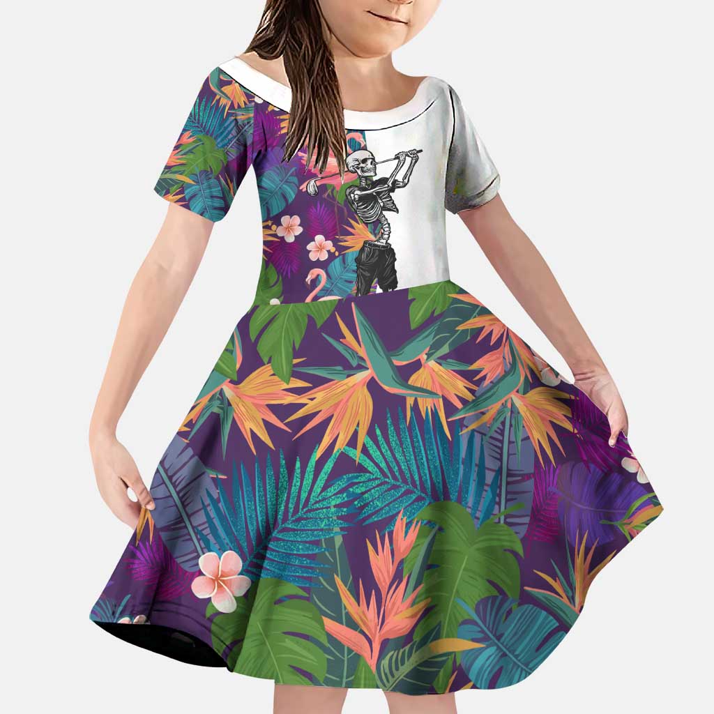 Custom Skeleton Golfer Family Matching Off Shoulder Maxi Dress and Hawaiian Shirt with Tropical Flamingo Leaves Pattern and Colorful Floral Background - Wonder Print Shop