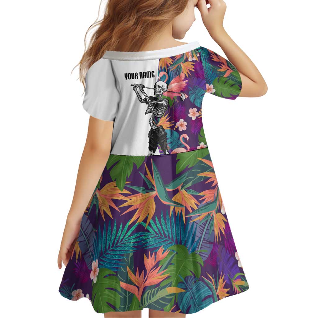 Custom Skeleton Golfer Family Matching Off Shoulder Maxi Dress and Hawaiian Shirt with Tropical Flamingo Leaves Pattern and Colorful Floral Background - Wonder Print Shop