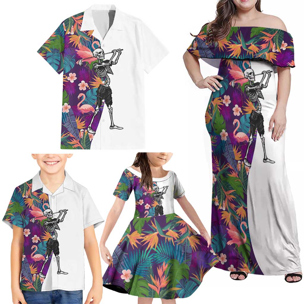 Custom Skeleton Golfer Family Matching Off Shoulder Maxi Dress and Hawaiian Shirt with Tropical Flamingo Leaves Pattern and Colorful Floral Background - Wonder Print Shop