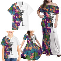 Custom Skeleton Golfer Family Matching Off Shoulder Maxi Dress and Hawaiian Shirt with Tropical Flamingo Leaves Pattern and Colorful Floral Background - Wonder Print Shop