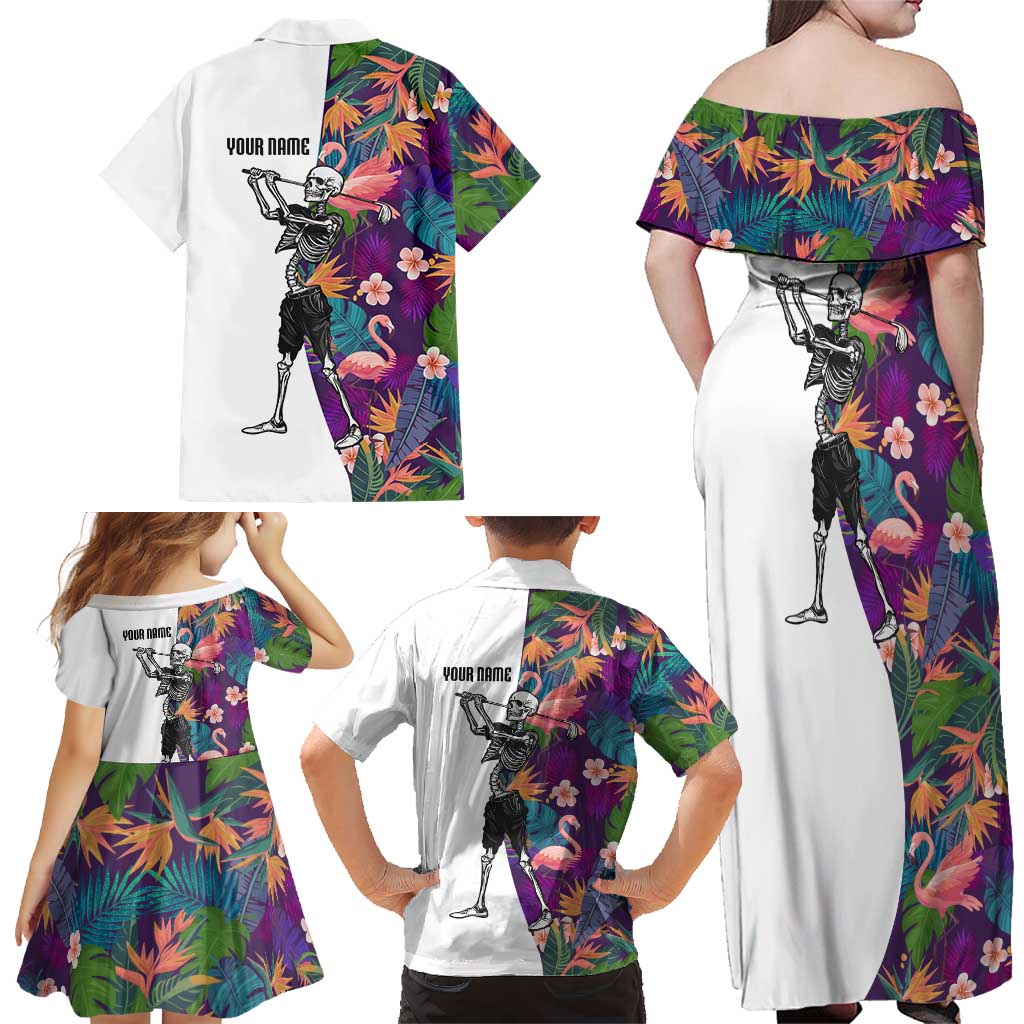 Custom Skeleton Golfer Family Matching Off Shoulder Maxi Dress and Hawaiian Shirt with Tropical Flamingo Leaves Pattern and Colorful Floral Background - Wonder Print Shop