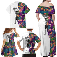 Custom Skeleton Golfer Family Matching Off Shoulder Maxi Dress and Hawaiian Shirt with Tropical Flamingo Leaves Pattern and Colorful Floral Background - Wonder Print Shop