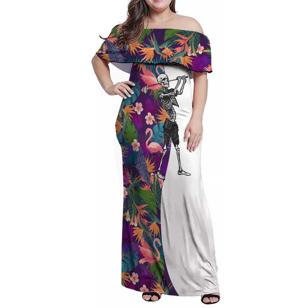 Custom Skeleton Golfer Family Matching Off Shoulder Maxi Dress and Hawaiian Shirt with Tropical Flamingo Leaves Pattern and Colorful Floral Background - Wonder Print Shop