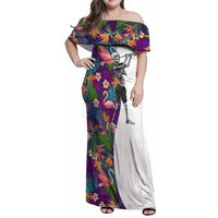 Custom Skeleton Golfer Family Matching Off Shoulder Maxi Dress and Hawaiian Shirt with Tropical Flamingo Leaves Pattern and Colorful Floral Background - Wonder Print Shop