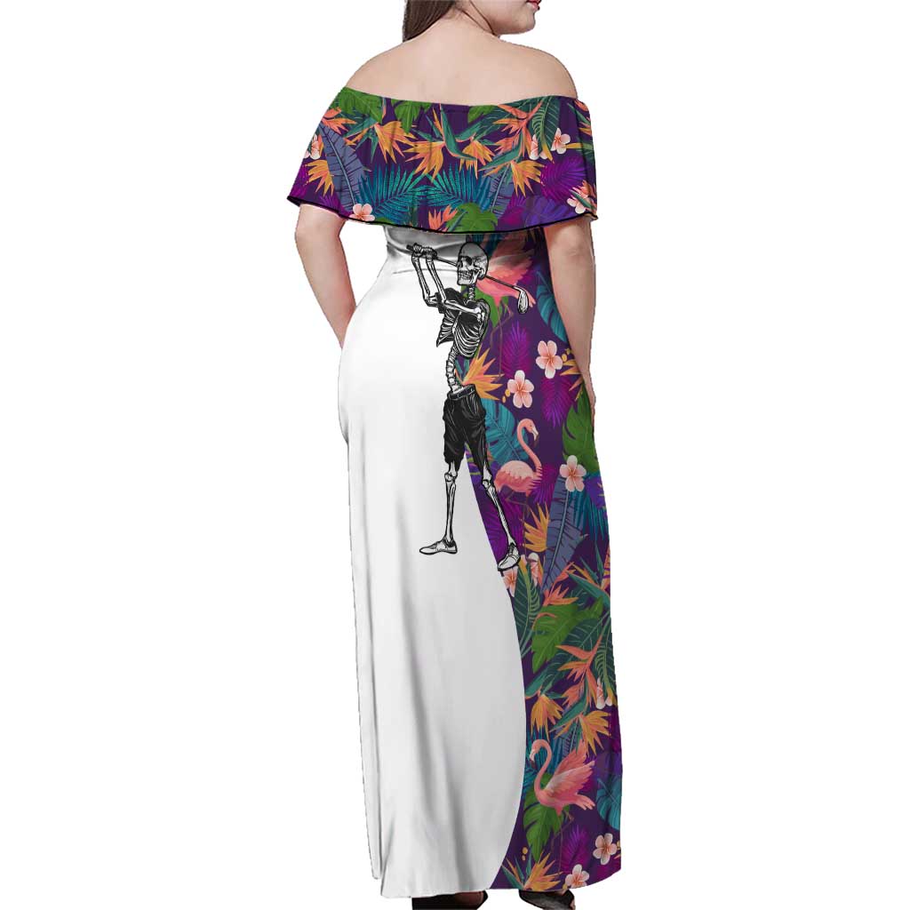 Custom Skeleton Golfer Family Matching Off Shoulder Maxi Dress and Hawaiian Shirt with Tropical Flamingo Leaves Pattern and Colorful Floral Background - Wonder Print Shop