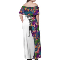 Custom Skeleton Golfer Family Matching Off Shoulder Maxi Dress and Hawaiian Shirt with Tropical Flamingo Leaves Pattern and Colorful Floral Background - Wonder Print Shop