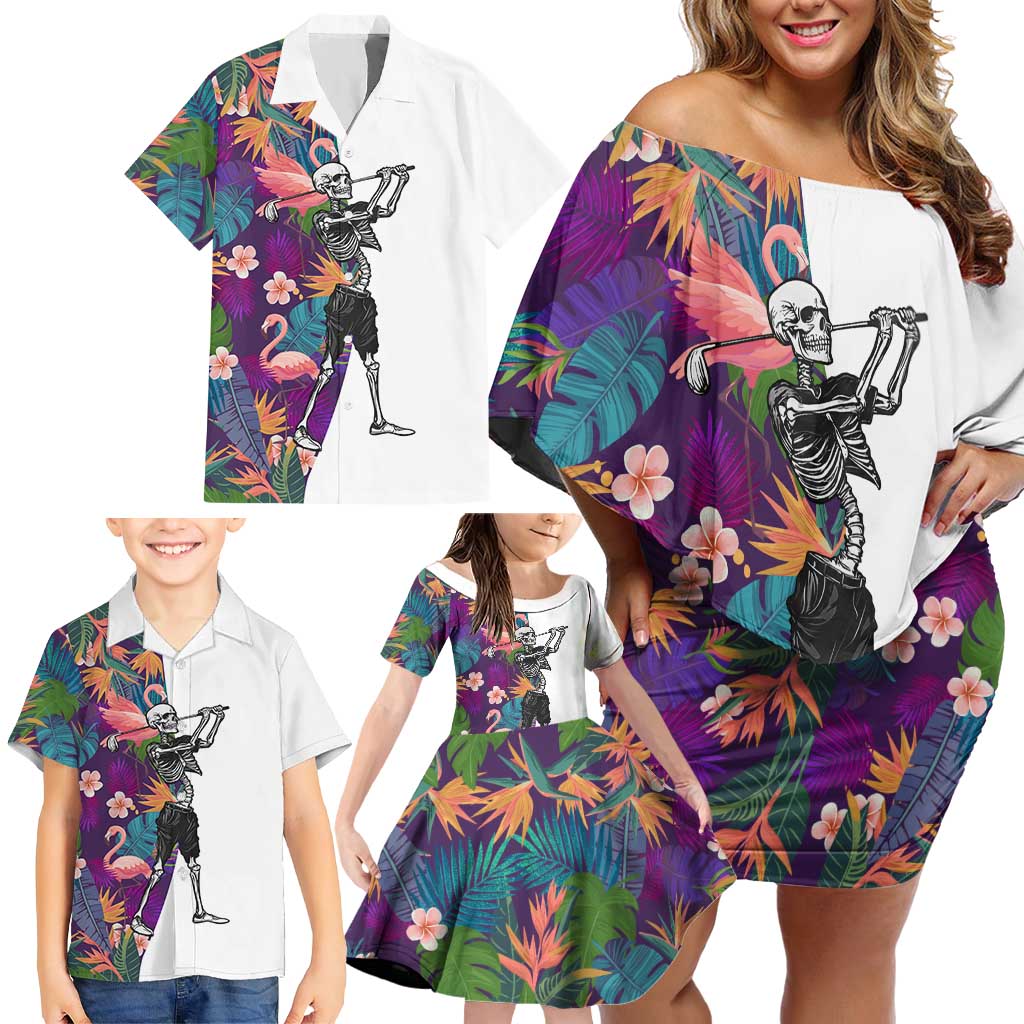 Custom Skeleton Golfer Family Matching Off Shoulder Short Dress and Hawaiian Shirt with Tropical Flamingo Leaves Pattern and Colorful Floral Background - Wonder Print Shop