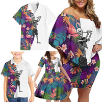 Custom Skeleton Golfer Family Matching Off Shoulder Short Dress and Hawaiian Shirt with Tropical Flamingo Leaves Pattern and Colorful Floral Background - Wonder Print Shop