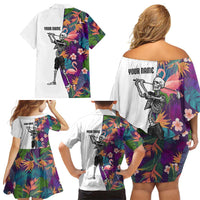 Custom Skeleton Golfer Family Matching Off Shoulder Short Dress and Hawaiian Shirt with Tropical Flamingo Leaves Pattern and Colorful Floral Background - Wonder Print Shop