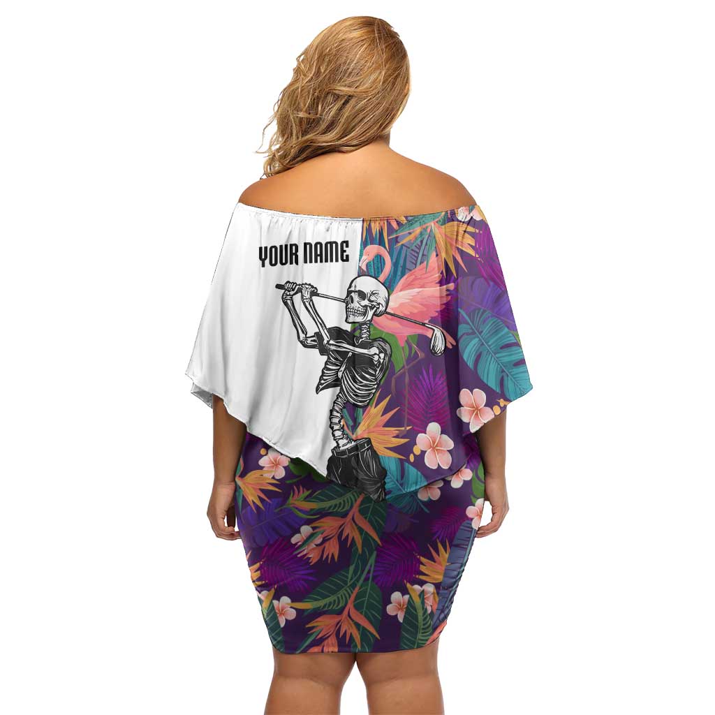 Custom Skeleton Golfer Family Matching Off Shoulder Short Dress and Hawaiian Shirt with Tropical Flamingo Leaves Pattern and Colorful Floral Background - Wonder Print Shop